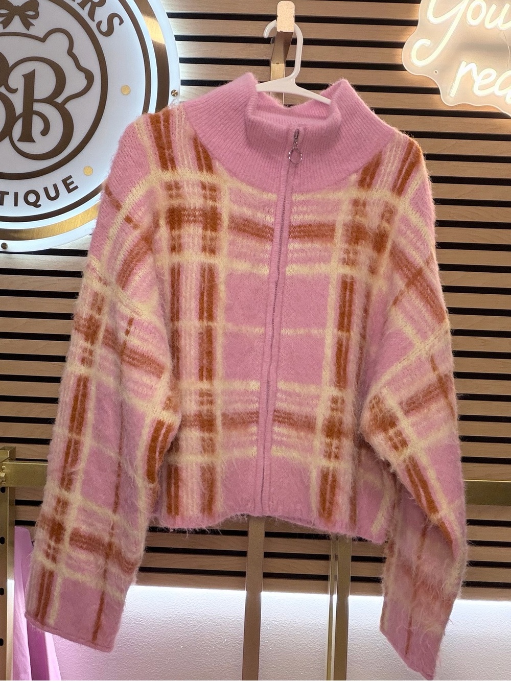 wild fable Pink Plaid Zip-Front Sweater Jacket